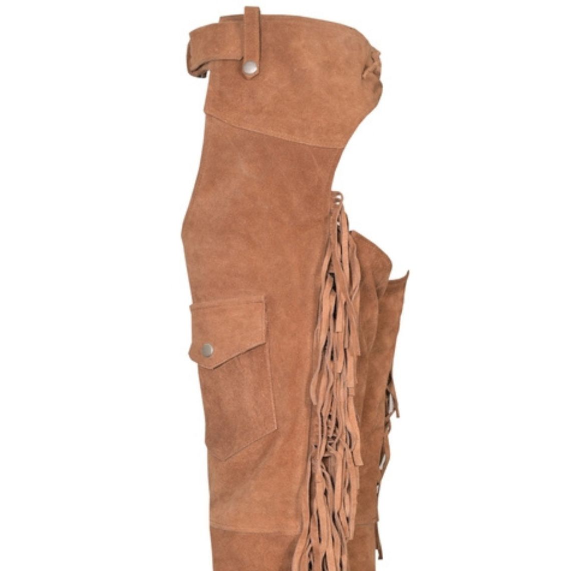 Detailed side angle of western chaps with utility pocket

