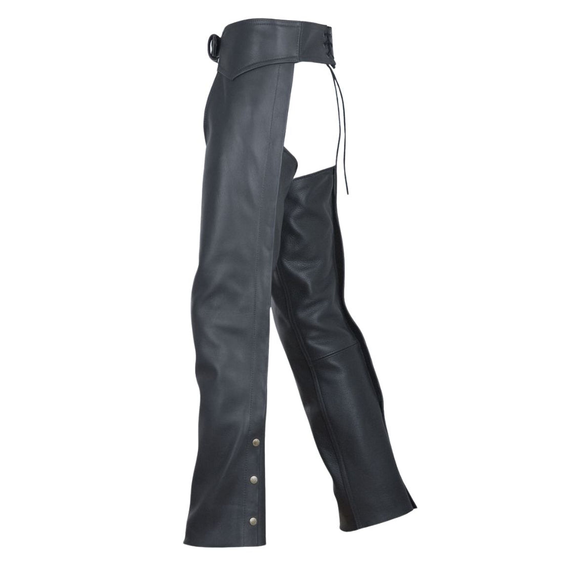 Women’s classic black leather motorcycle chaps front view minimalist design