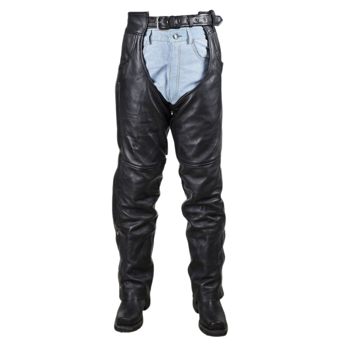 Mens black leather motorcycle chaps front view classic riding style