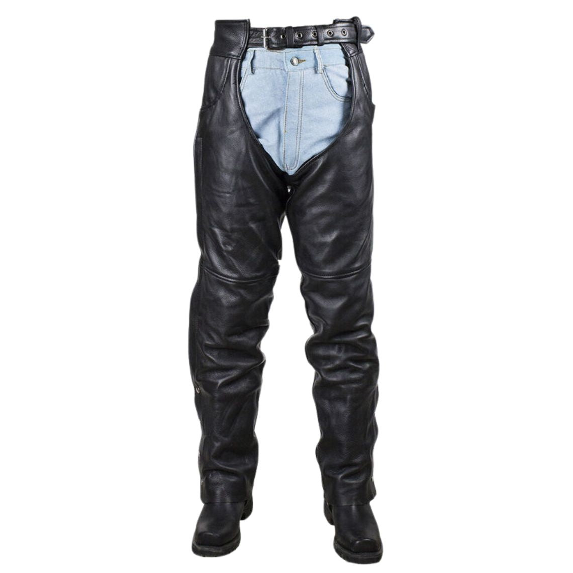 Mens black leather motorcycle chaps front view classic riding style
