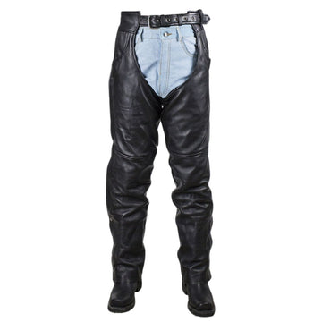 Mens black leather motorcycle chaps front view classic riding style