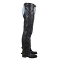 Side view black leather biker chaps with zipper and adjustable fit