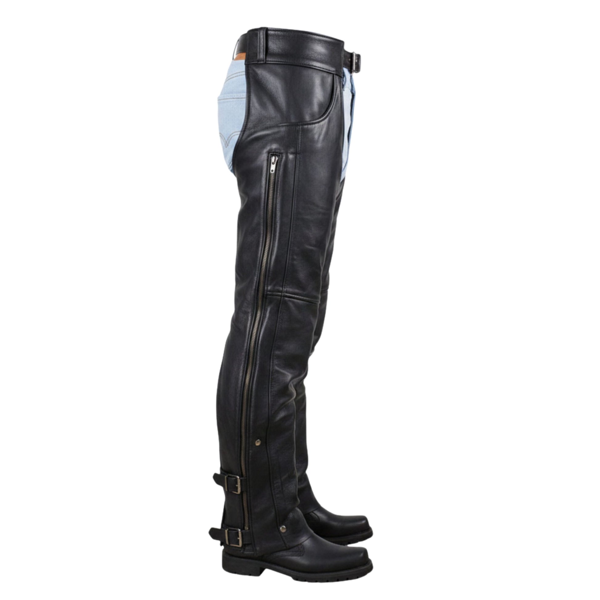 Side view black leather biker chaps with zipper and adjustable fit