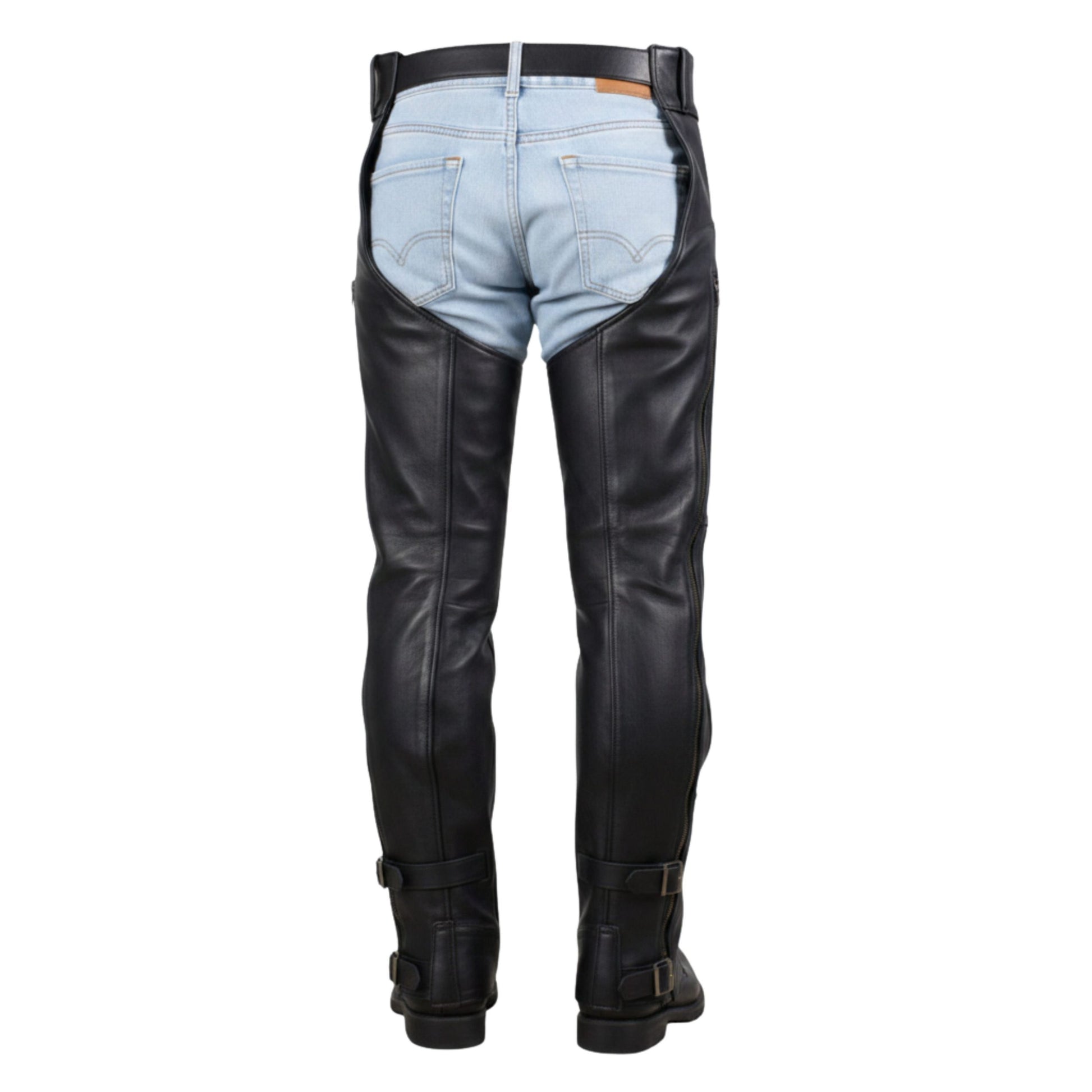 Back view mens leather motorcycle chaps durable riding gear