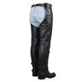 Angled rear view black leather chaps with buckle straps and zippers