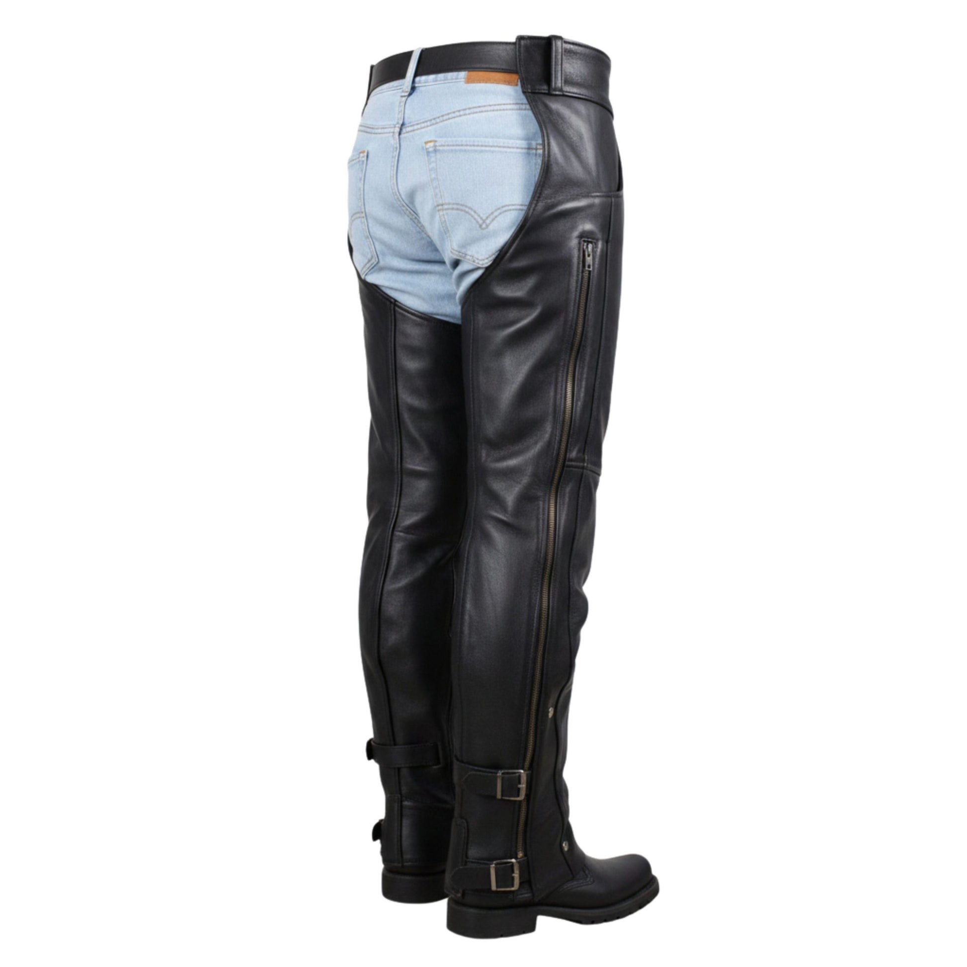 Angled rear view black leather chaps with buckle straps and zippers