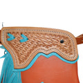Custom orange turquoise rodeo chaps leather fringe front view