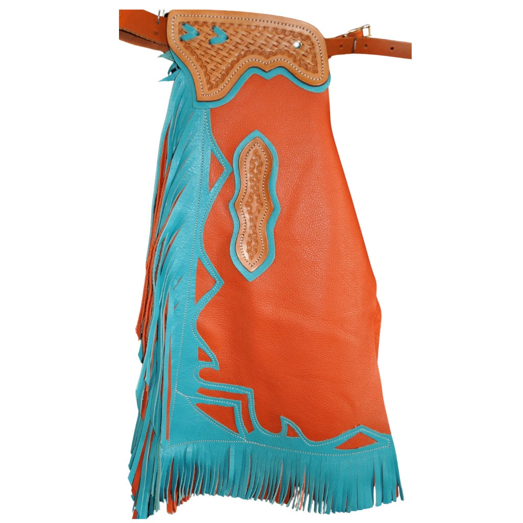 Orange turquoise bull riding chaps western leather design