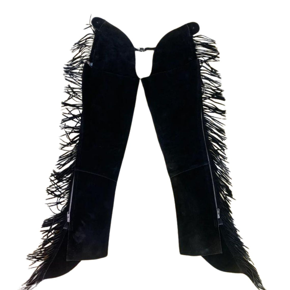 Womens black suede leather fringe chaps front view