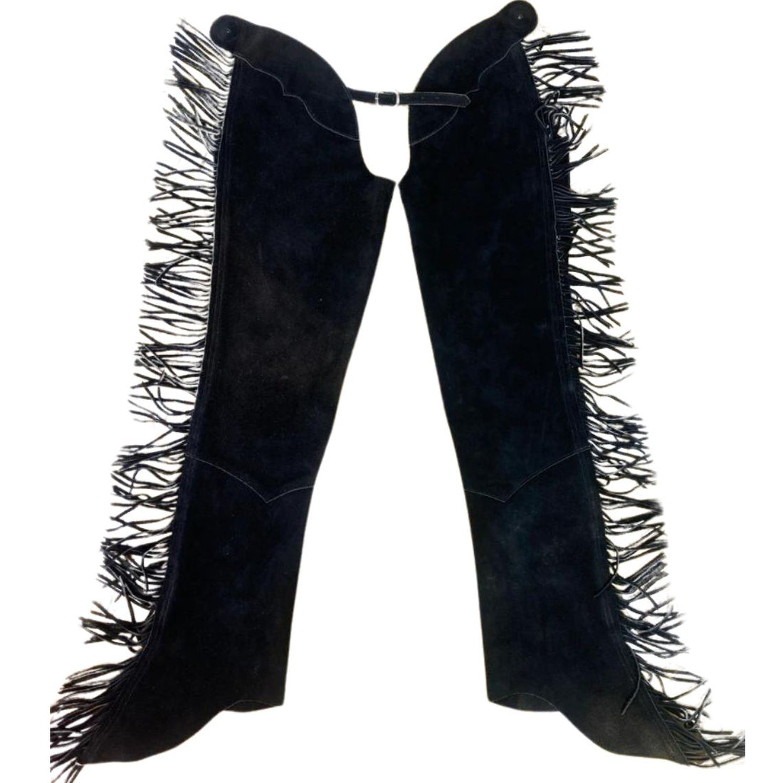 Womens black suede leather fringe chaps front view