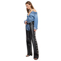 Side view of premium women’s black leather studded assless chaps