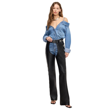 Front view of women’s black leather motorcycle chaps with floral studs