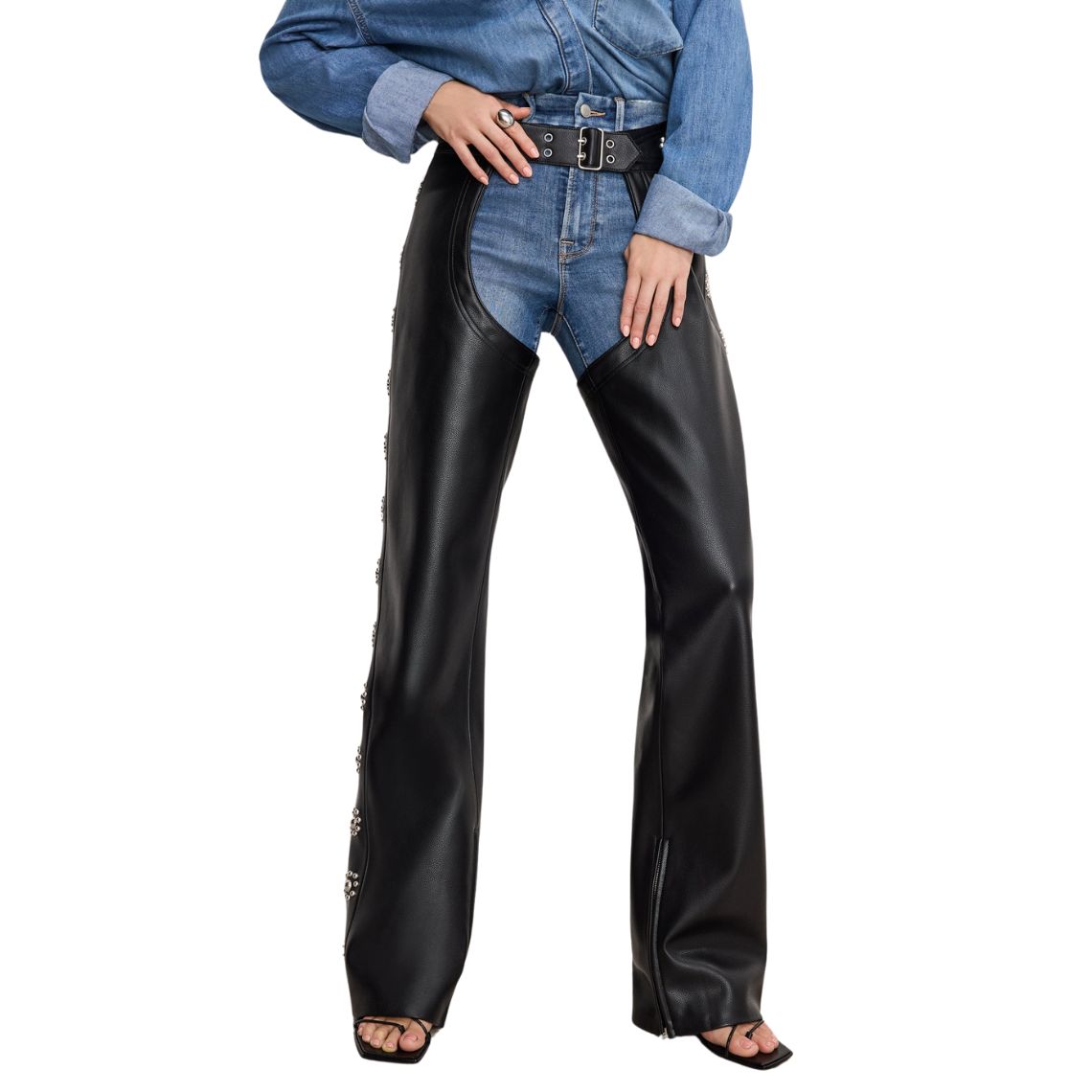 Front full-length view of premium women’s black leather riding chaps
