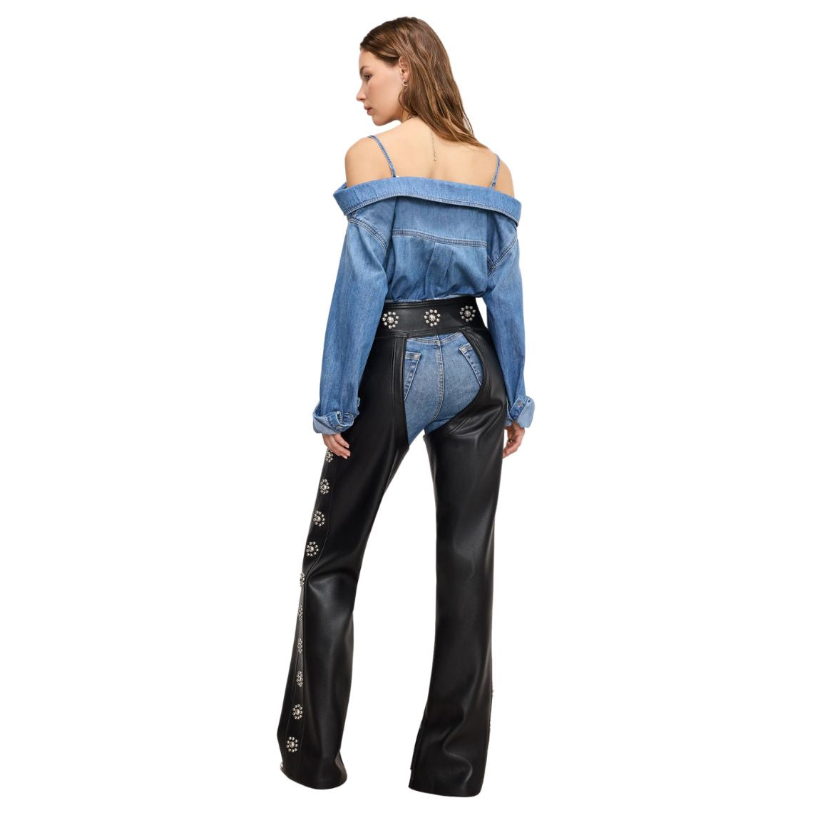 Back view of women’s black studded leather assless motorcycle chaps

