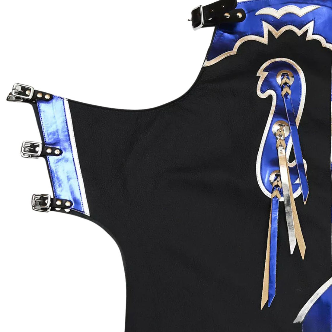 Black blue rodeo chaps silver fringe western leather full view