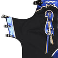 Black rodeo chaps blue panel leather buckle strap detail