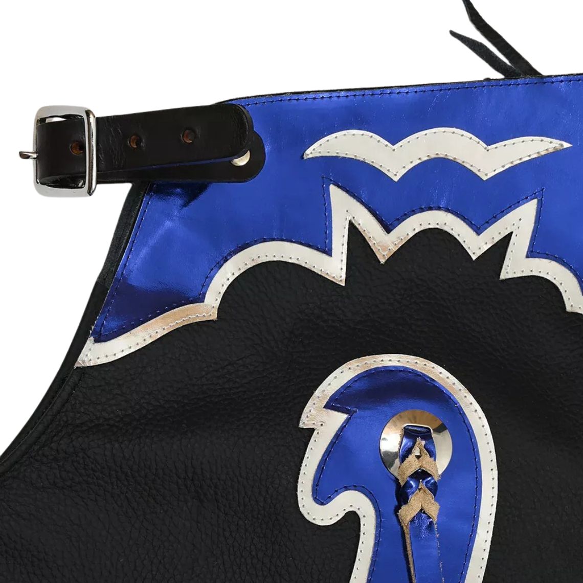 Western chaps black leather blue silver fringe close up
