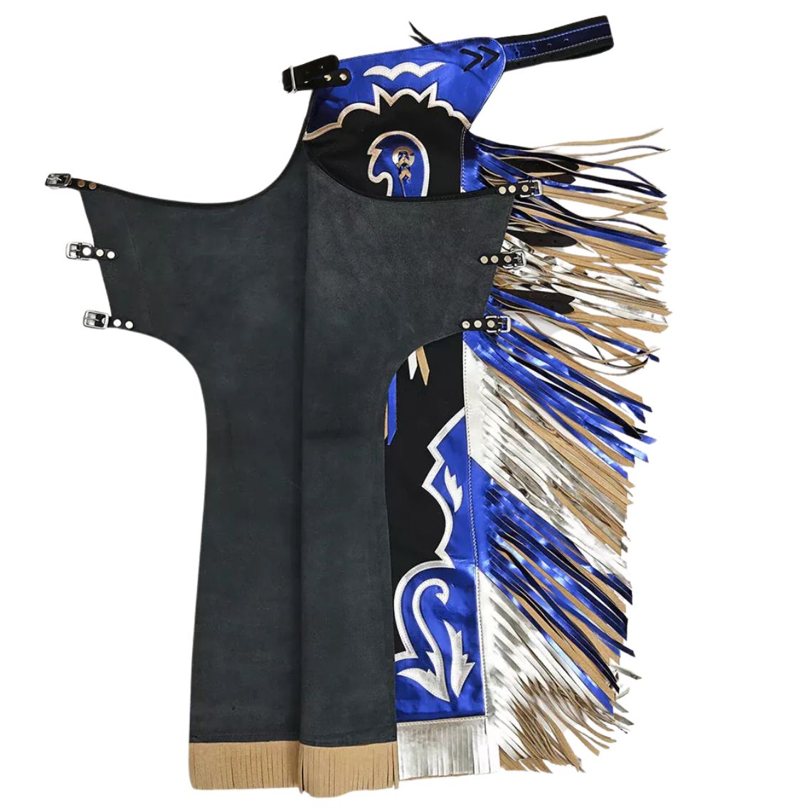 Bull riding chaps black blue leather back view fringe