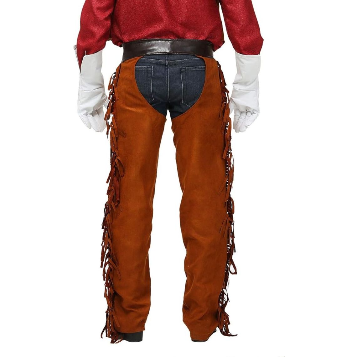 brown leather cowboy chaps full length back view