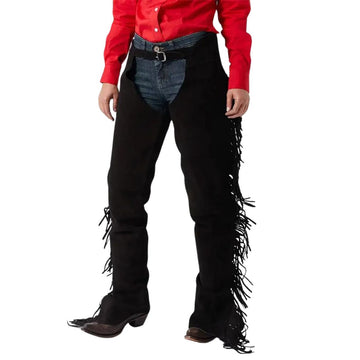 mens black fringe leather chaps front view