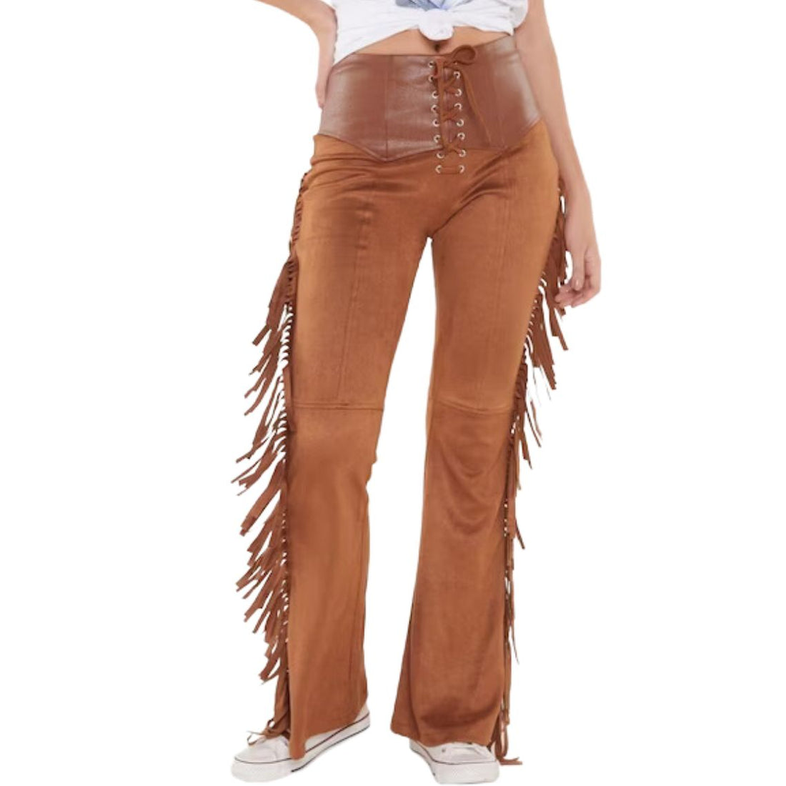 Women’s brown suede fringe western chaps pants front view lace-up design