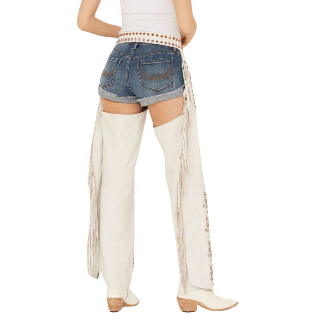 White western leather chaps front view with colorful studs