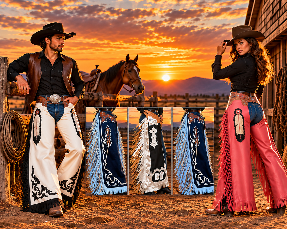 Cowboy and cowgirl wearing western fringe and rodeo leather chaps at sunset
