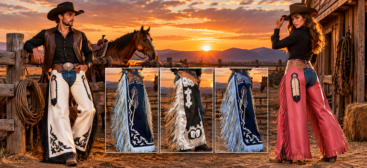 Cowboy and cowgirl wearing western fringe and rodeo leather chaps at sunset