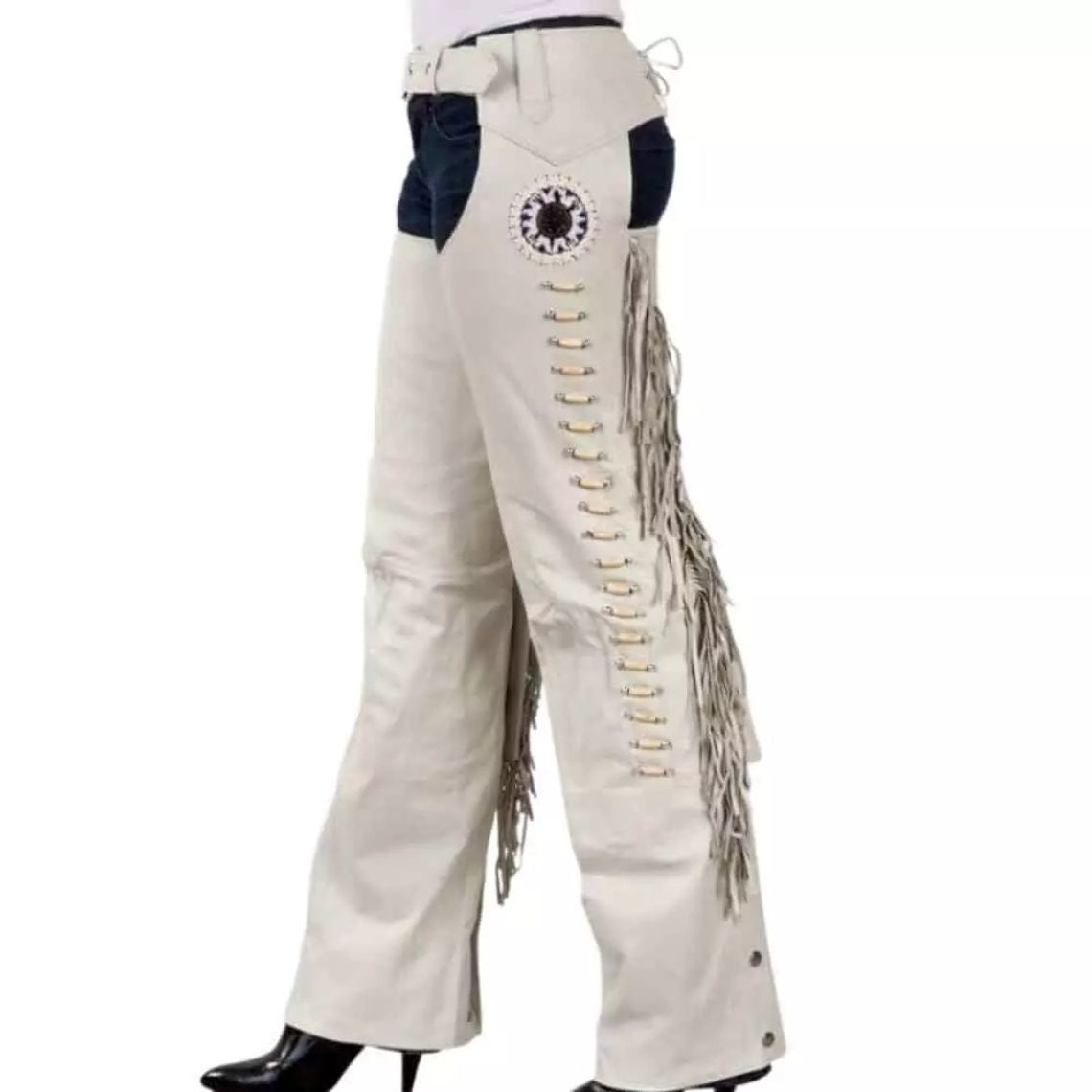 White western show chaps with fringe front view