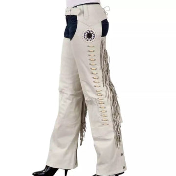White western show chaps with fringe front view