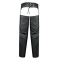 Back view of black motorcycle chaps with adjustable belt