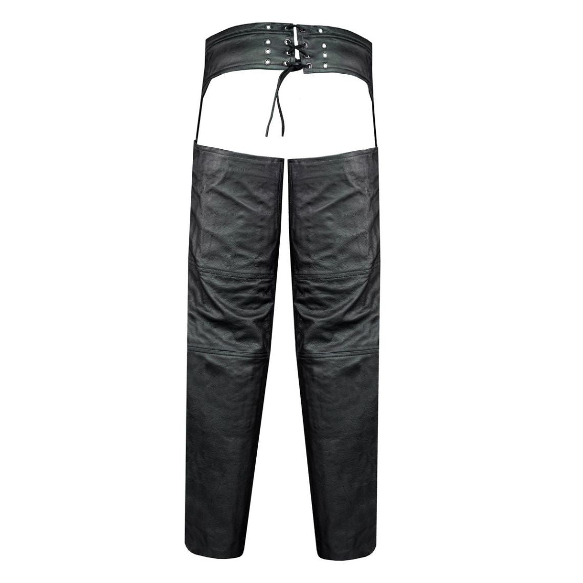 Back view of black motorcycle chaps with adjustable belt