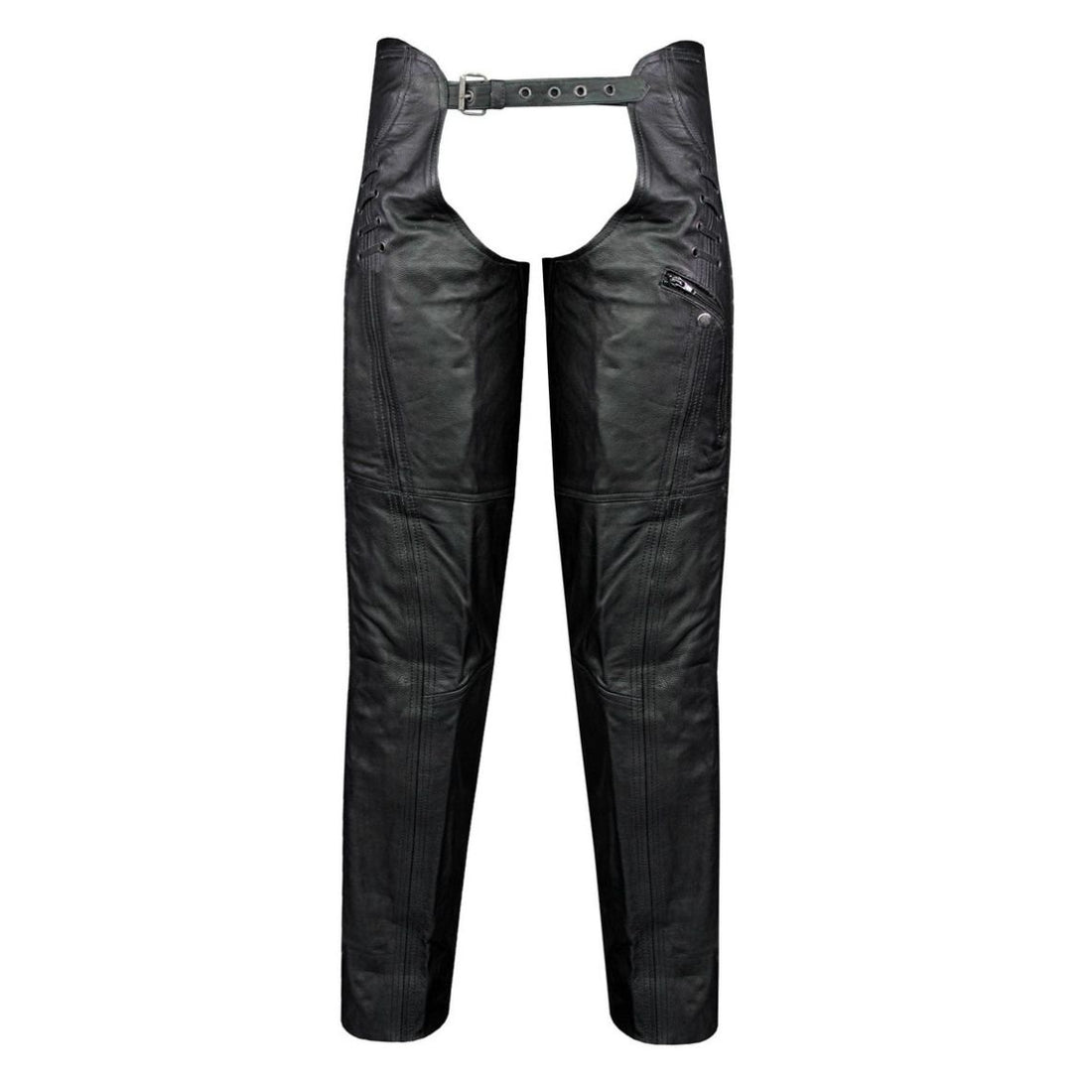 Men’s black leather assless chaps front view with lace-up waist