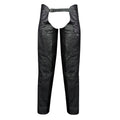 Men’s black leather assless chaps front view with lace-up waist