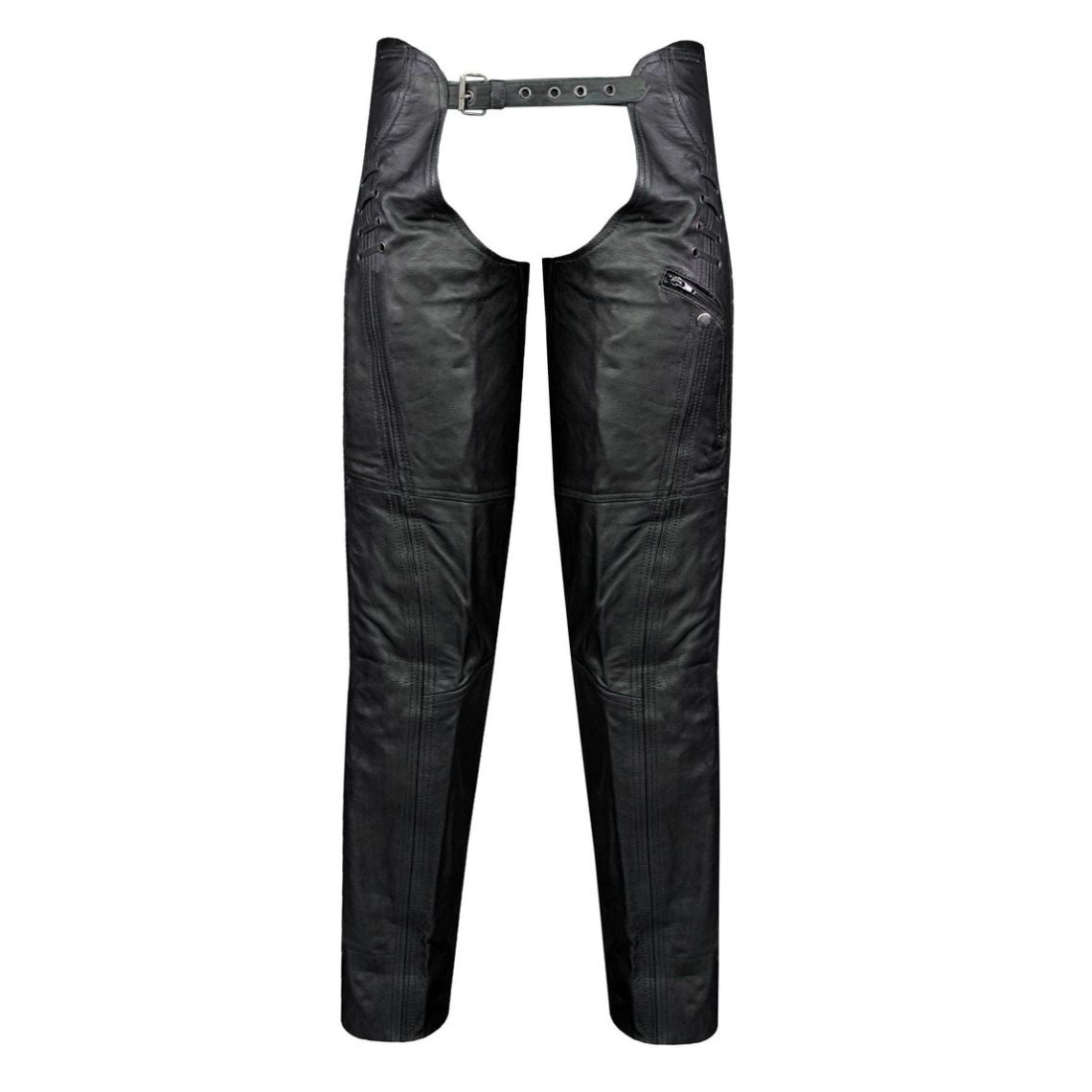Men’s black leather assless chaps front view with lace-up waist