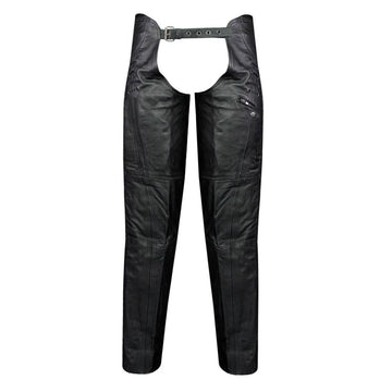Men’s black leather assless chaps front view with lace-up waist