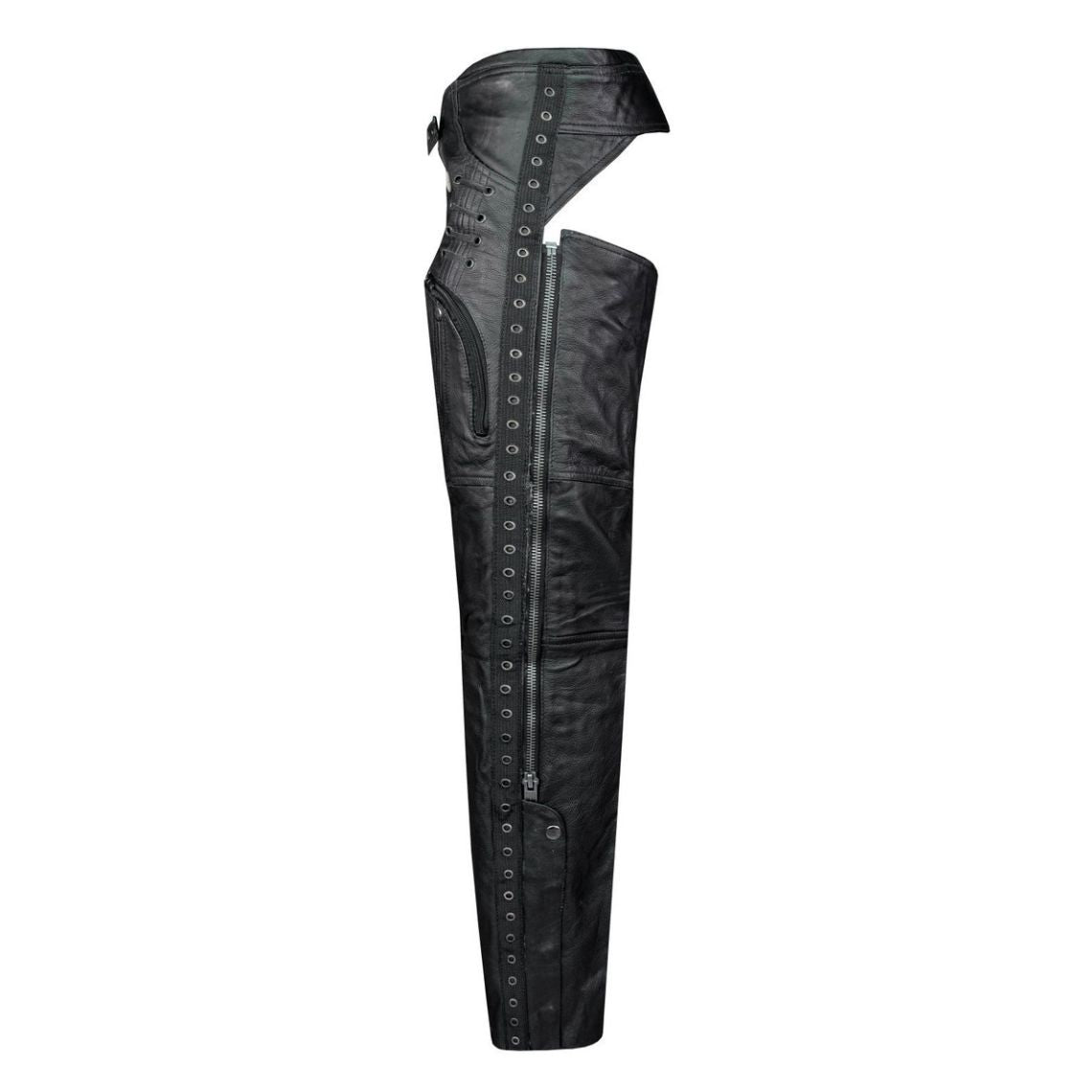 Side view of leather riding chaps with zipper and snap closures
