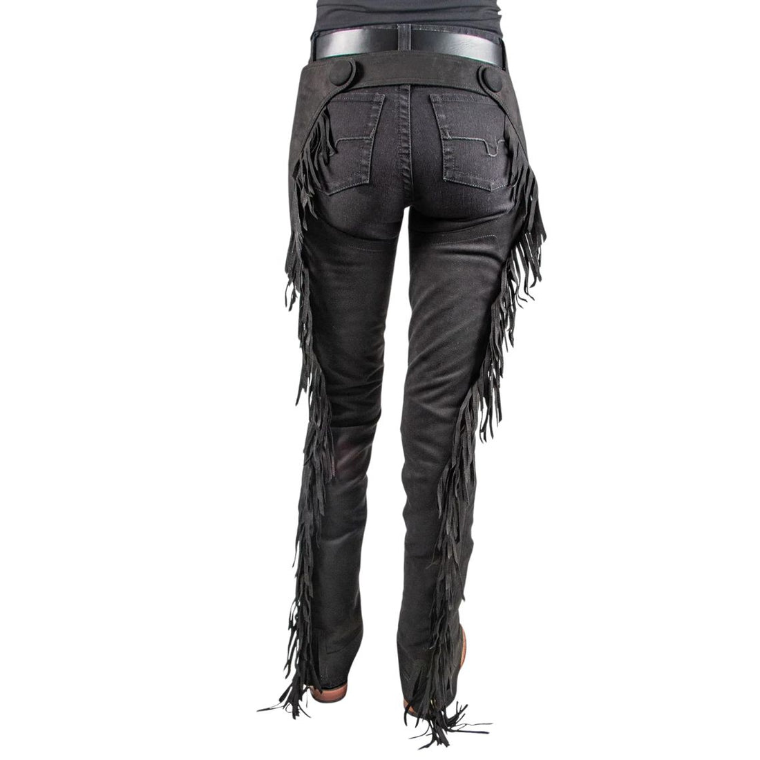 side view men black cowboy leather chaps with fringe