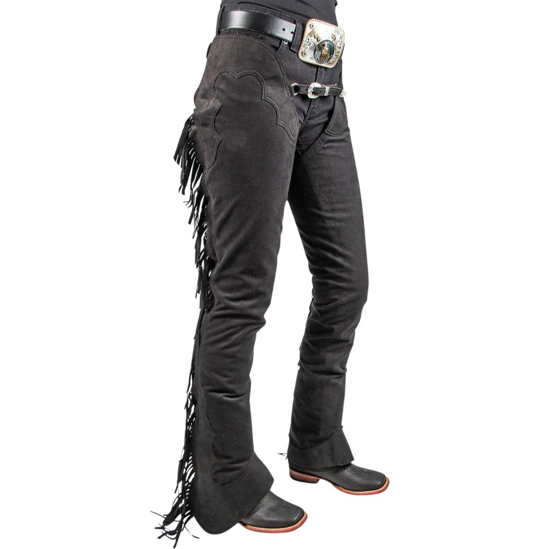 side view men black cowboy leather chaps with fringe