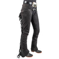 side view men black cowboy leather chaps with fringe