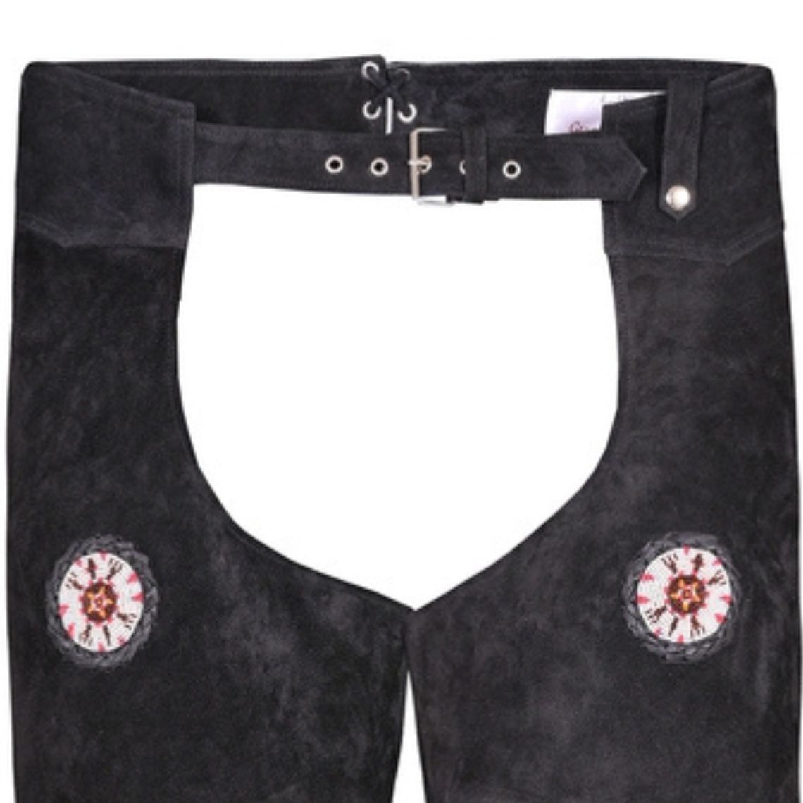 mens black suede western chaps front concho detail