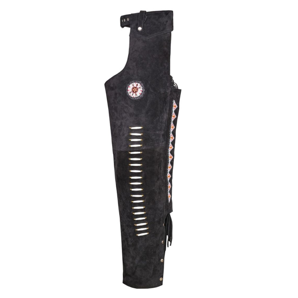 side view black western chaps cutout leg design