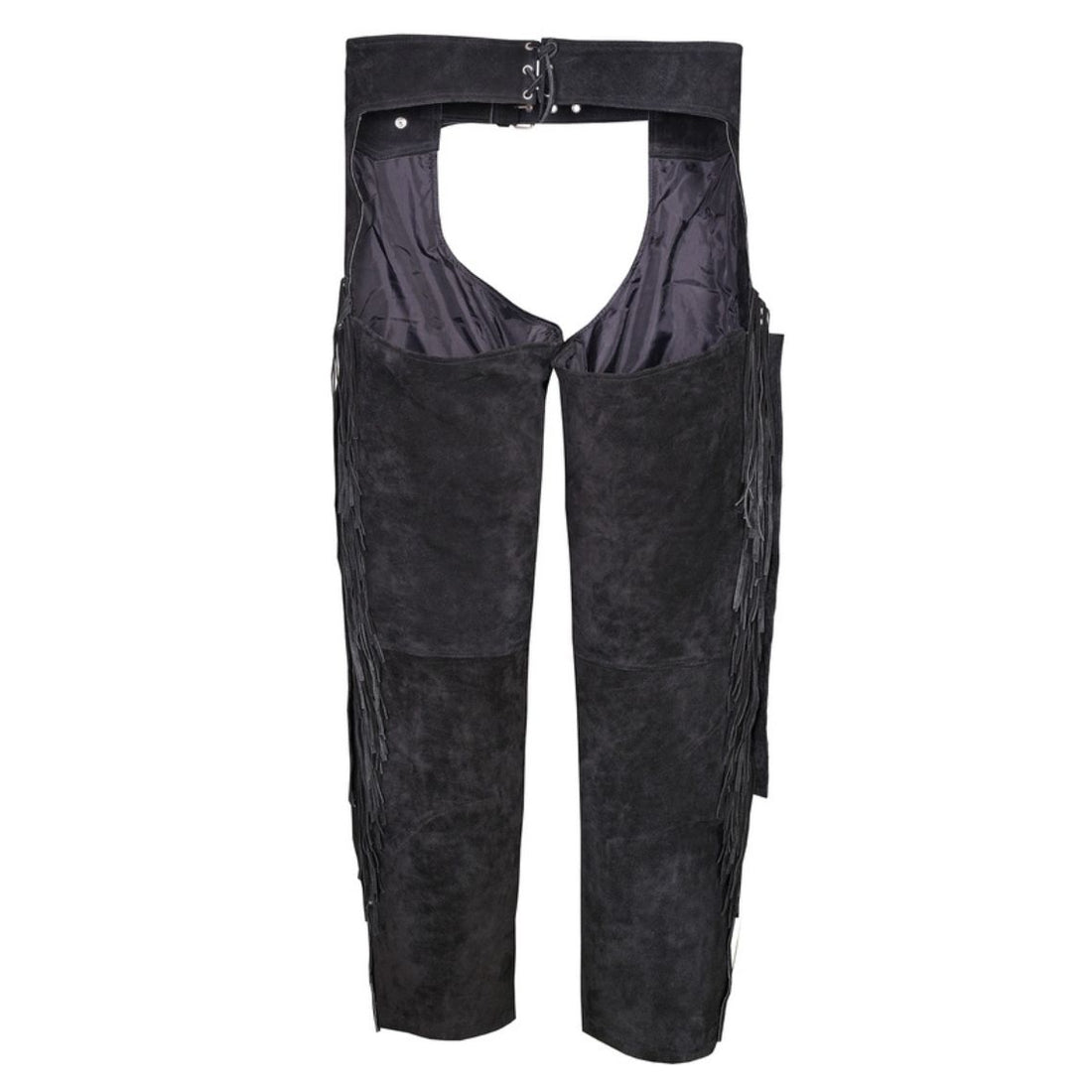 full front black western chaps with belt closure