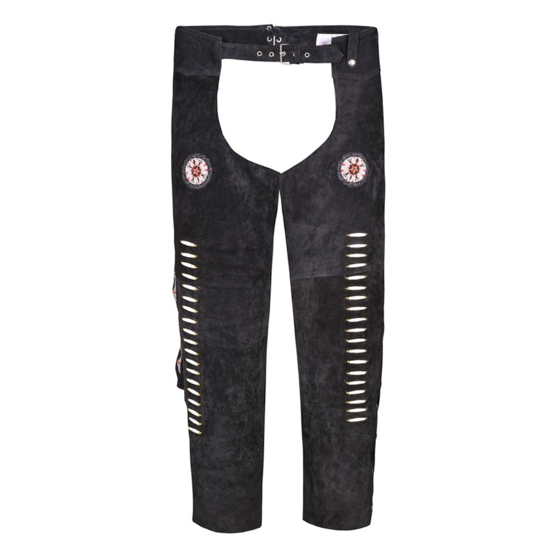full front black western chaps with belt closure