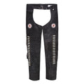 full front black western chaps with belt closure