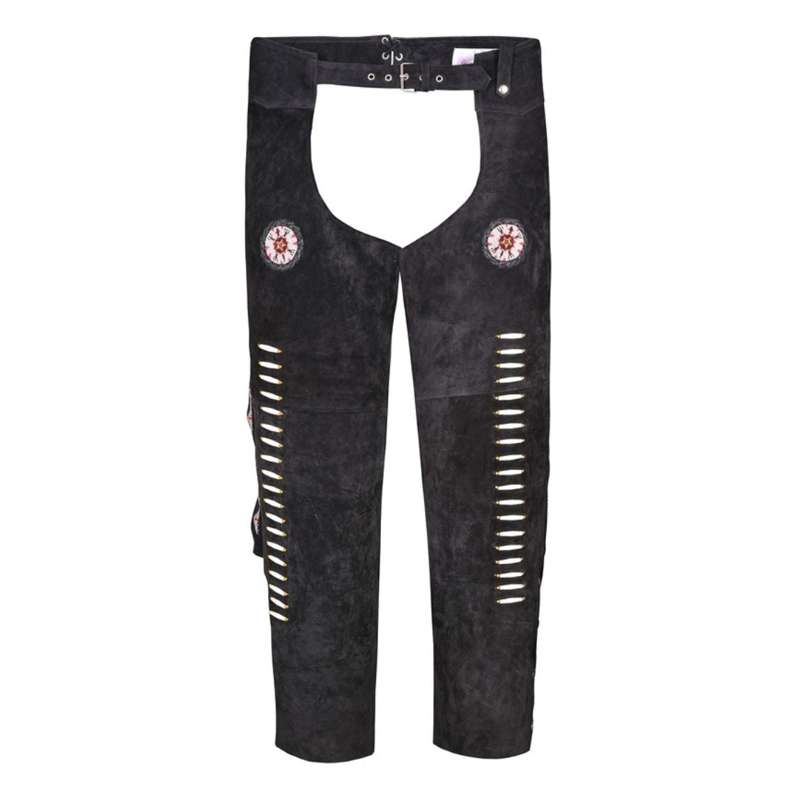 full front black western chaps with belt closure