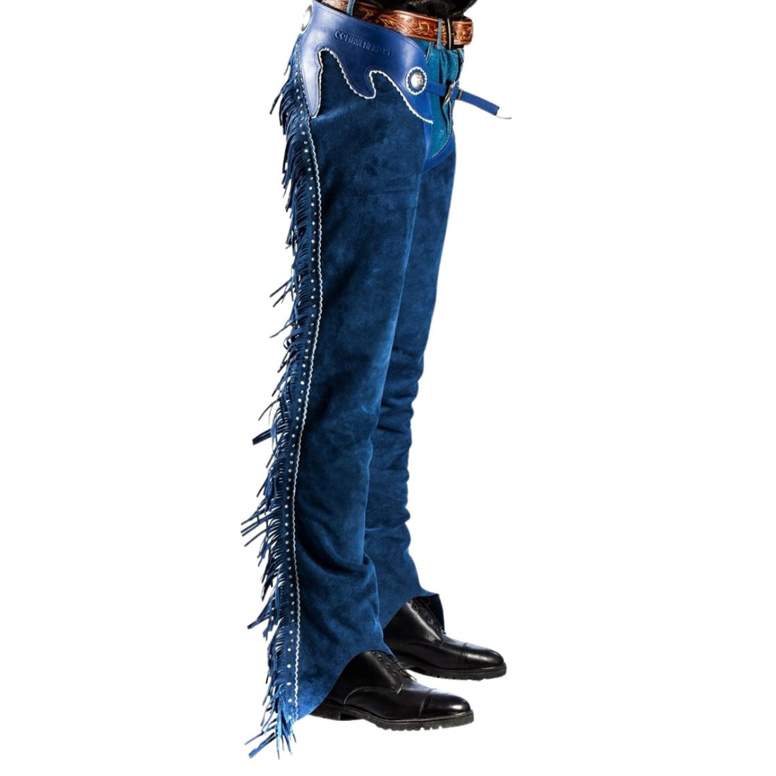 men blue suede leather western fringe chaps side view