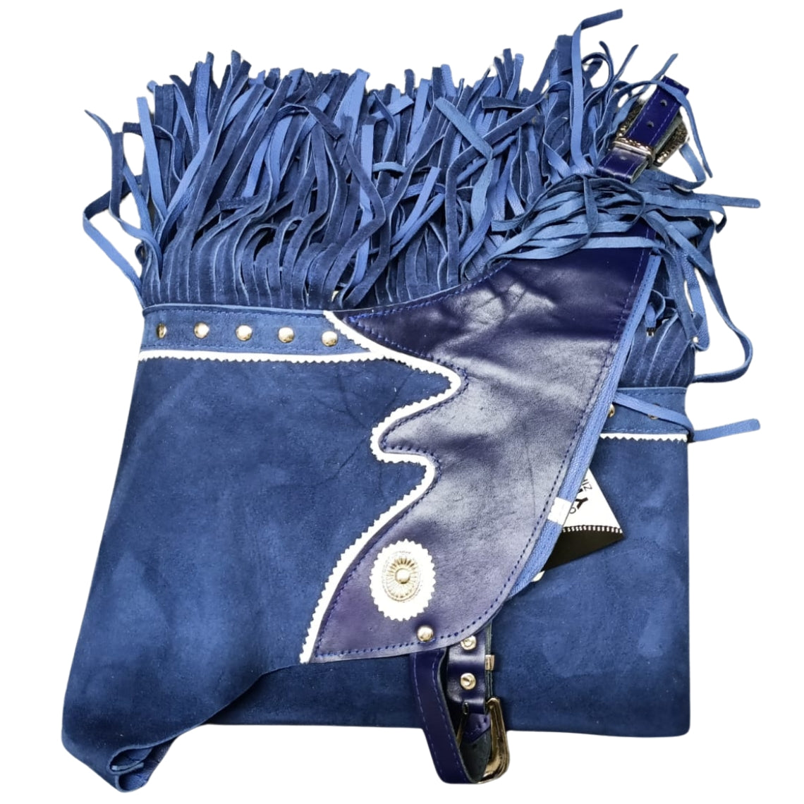 blue leather chaps with long fringe side profile view