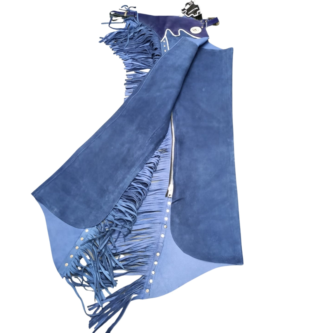 men western blue suede chaps fringe and zipper design