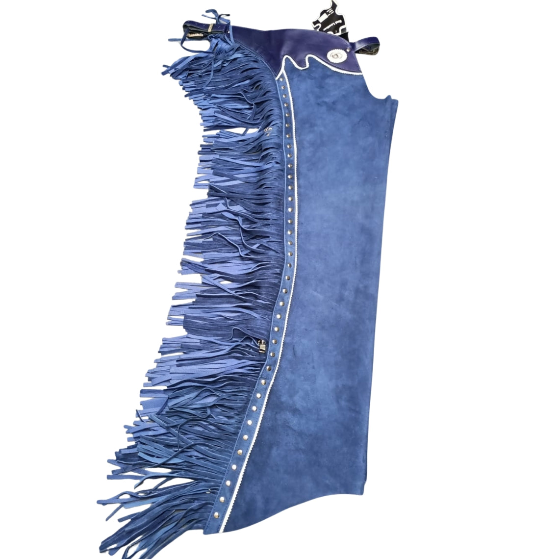 close up blue suede western chaps with studs and fringe